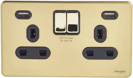 Schneider Electric Ultimate Screwless Flat Plate, 2-Gang Socket, with USB Ports, Polished Brass