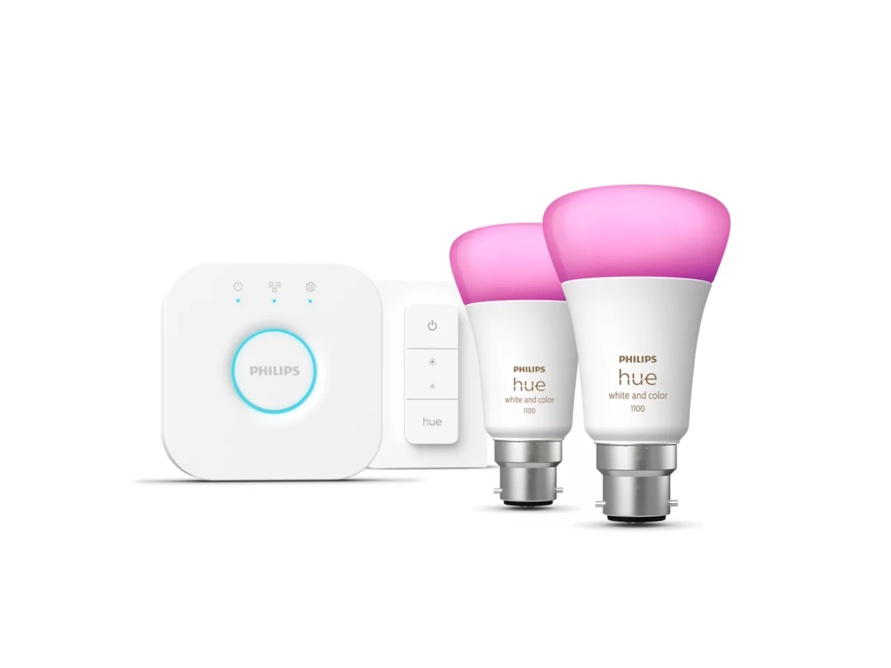 Philips Hue Starter kit: 2 B22 smart bulbs (1100) + dimmer switch