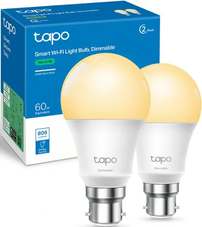 TP-Link Tapo (2-Pack) B22 WiFi Smart Light Bulb, Dimmable, 8.3W (60W) Control with Alexa
